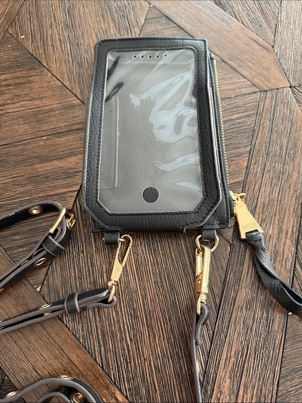 Aimee Kestenberg Out of Office Leather Phone Crossbody Black Gold iPhone 16